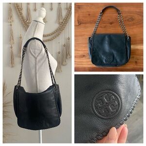 Tory Burch black pebble leather purse rope stitch chain crossbody shoulder bag